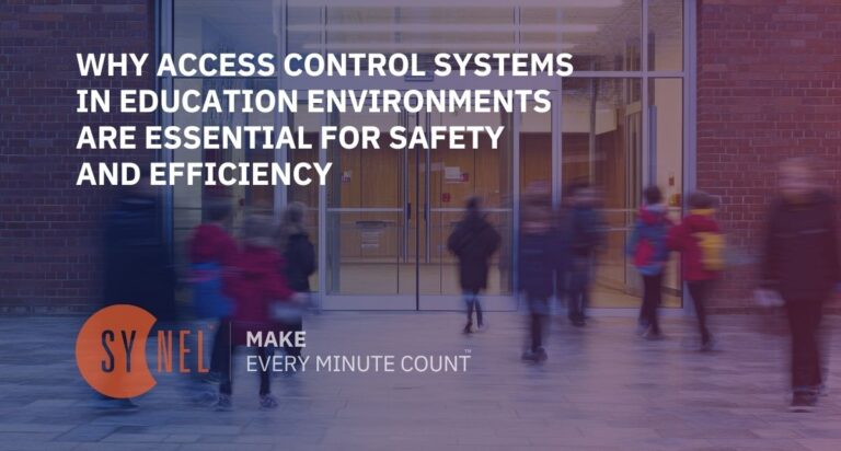 blurred motion of schoolchildren entering a modern glass-door building, with text promoting the importance of access control systems in education for safety and efficiency. SYNEL branding and the slogan "Make Every Minute Count".