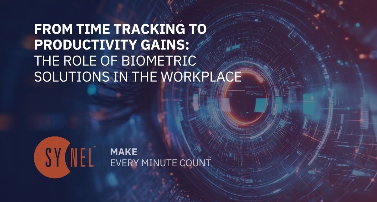 Futuristic digital interface with circular data digital eye and iris looking like a camara lense, with reflections of small blue screens. The image is overlaid with text: 'From Time Tracking to Productivity Gains: The Role of Biometric Solutions in the Workplace.' and the Synel logo and slogan 'Make Every Minute Count'.